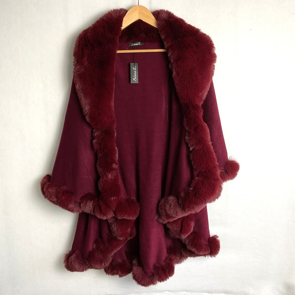 Selene Fur Trim Poncho Shawl One Size NWT